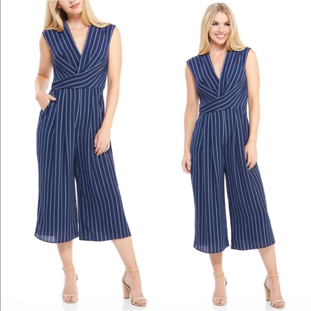 Maggy London Angie Navy Cropped Striped Jumpsuit